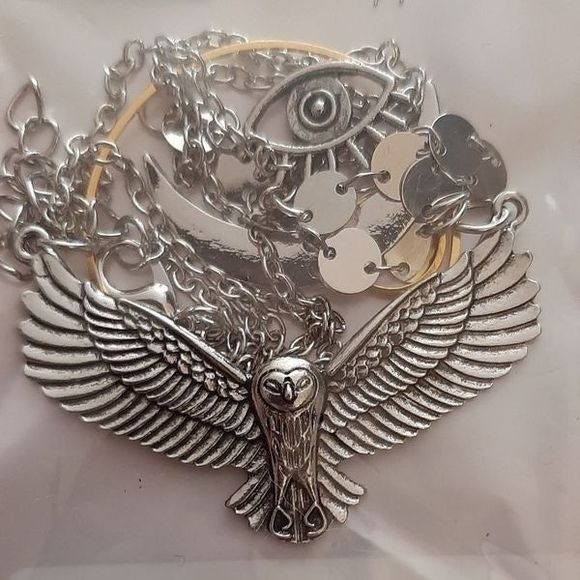 Silver gold titanium owl moon evil eye boho goth punk necklace new - Picture 7 of 7